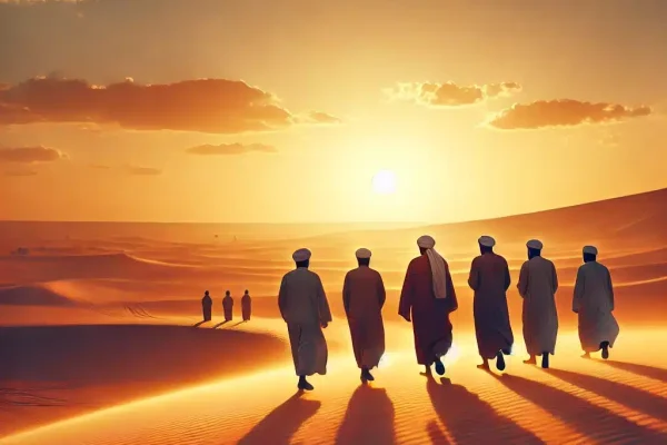 DALL·E 2025 03 25 17.01.02 A peaceful scene of Muslim men walking through a vast desert, their silhouettes visible against the orange and yellow hues of the sunset. The men are
