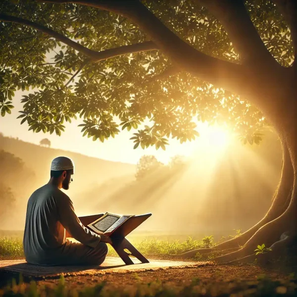 DALL·E 2025 03 27 13.05.15 A realistic and spiritually inspiring image representing Islam. A Muslim man is sitting under a large tree in a peaceful natural setting at sunrise, r