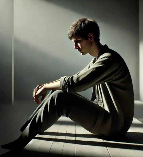 DALL·E 2025 04 17 17.10.34 A realistic illustration of a person sitting alone, looking down with a somber expression, conveying a sense of hopelessness. The person is dressed in