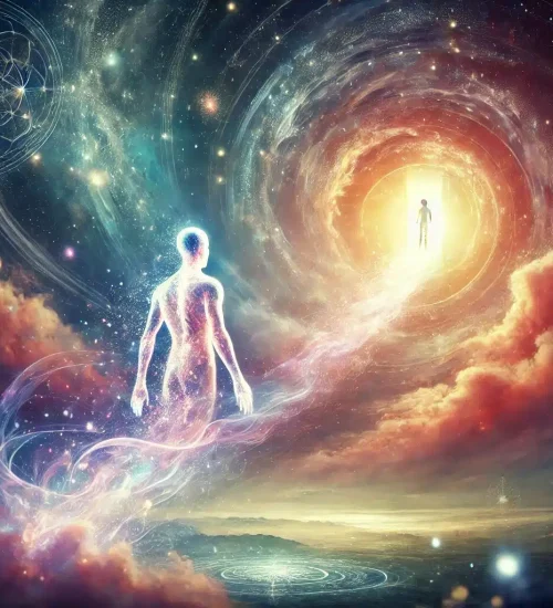 DALL·E 2025 04 17 17.46.36 A mystical and abstract illustration symbolizing the journey of the soul. The image features a glowing, ethereal light or energy floating away from a