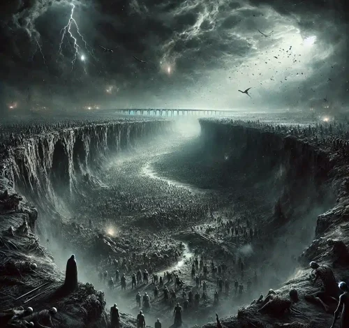 DALL·E 2025 04 18 14.38.55 A dark and apocalyptic scene depicting the Day of Judgment (Mahşer Alanı) in an Islamic inspired setting. The sky is covered in dark, swirling storm c