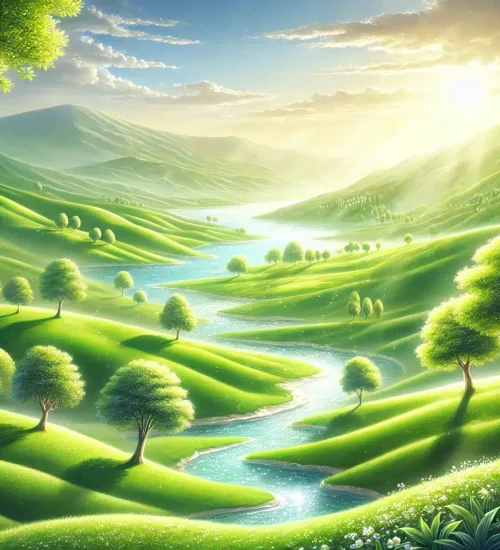 DALL·E 2025 04 18 14.41.02 A peaceful and serene depiction of paradise (Cennet) dominated by soft and vibrant shades of green. Rolling green hills stretch into the distance, cov