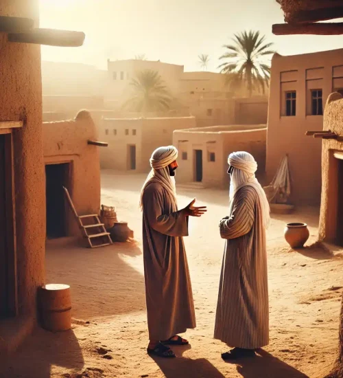 DALL·E 2025 04 18 14.58.35 Two men standing and talking in a small desert village. They are wearing traditional desert clothing, such as long robes and head coverings suitable f